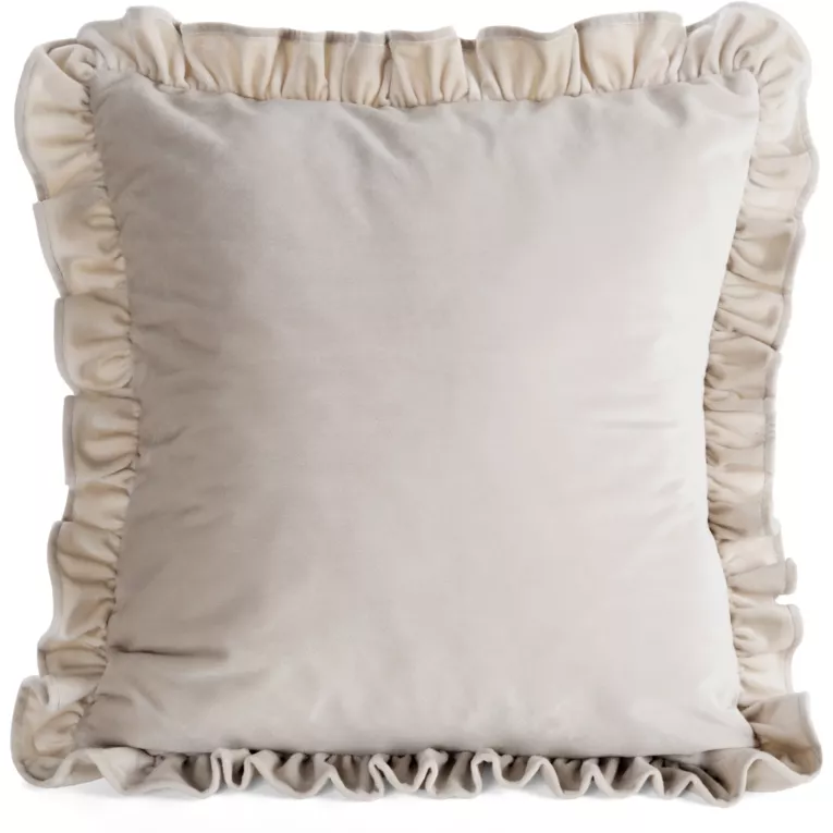 Poszewka na poduszkę 45x45 cm z aksamitnego welwetu beżowa zdobiona na brzegach falbanami BRENDA Eurofirany Premium