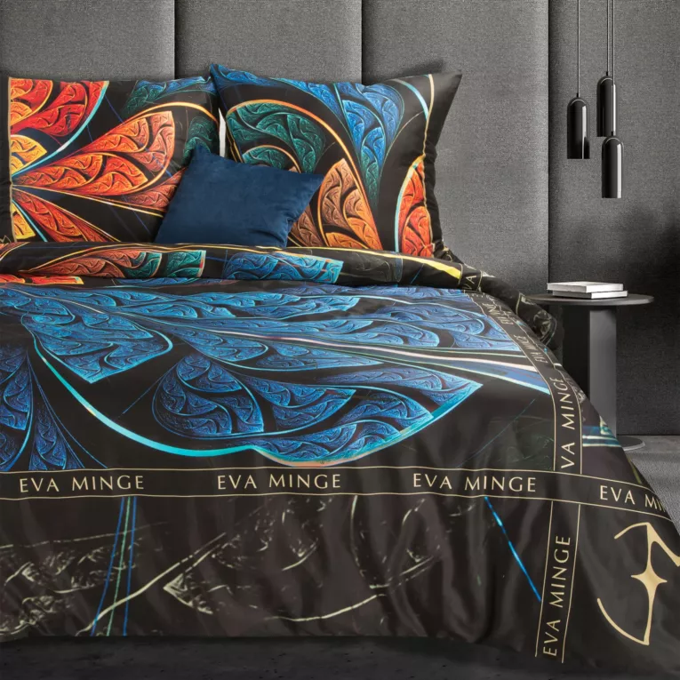 Pościel 160x200 cm z makosatyny bawełnianej kolor czarny, niebieski z designerskim wzorem AMBER Eva Minge