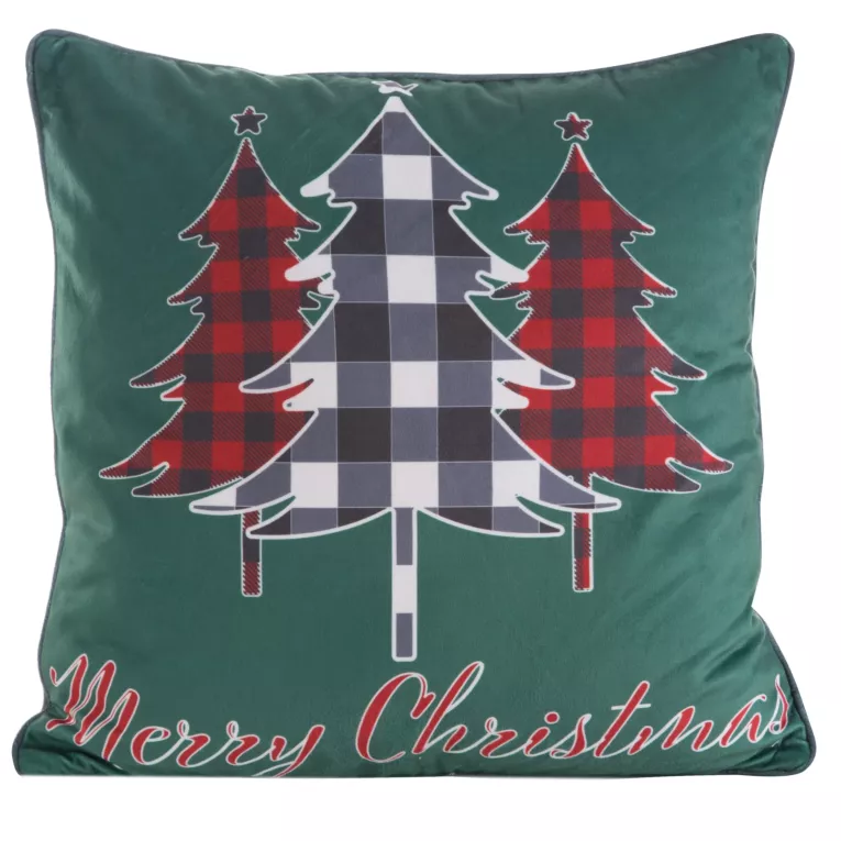 Poszewka na poduszkę 45x45 cm welwetowa kolor ciemnozielony, czerwony zdobiona uroczym motywem świątecznym