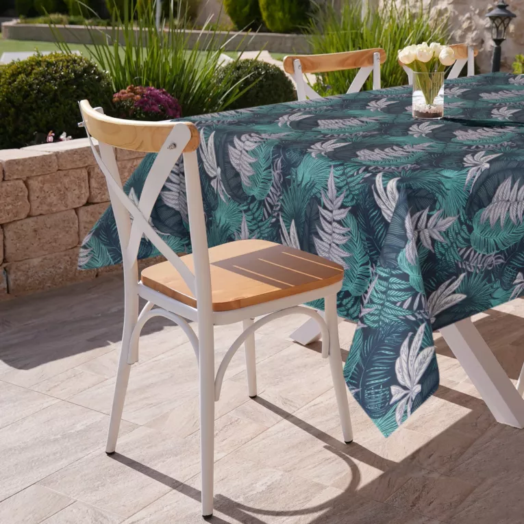 Obrus granatowo, turkusowy 140x220 cm wodoodporny GARDEN na taras oraz balkon z motywem botanicznym