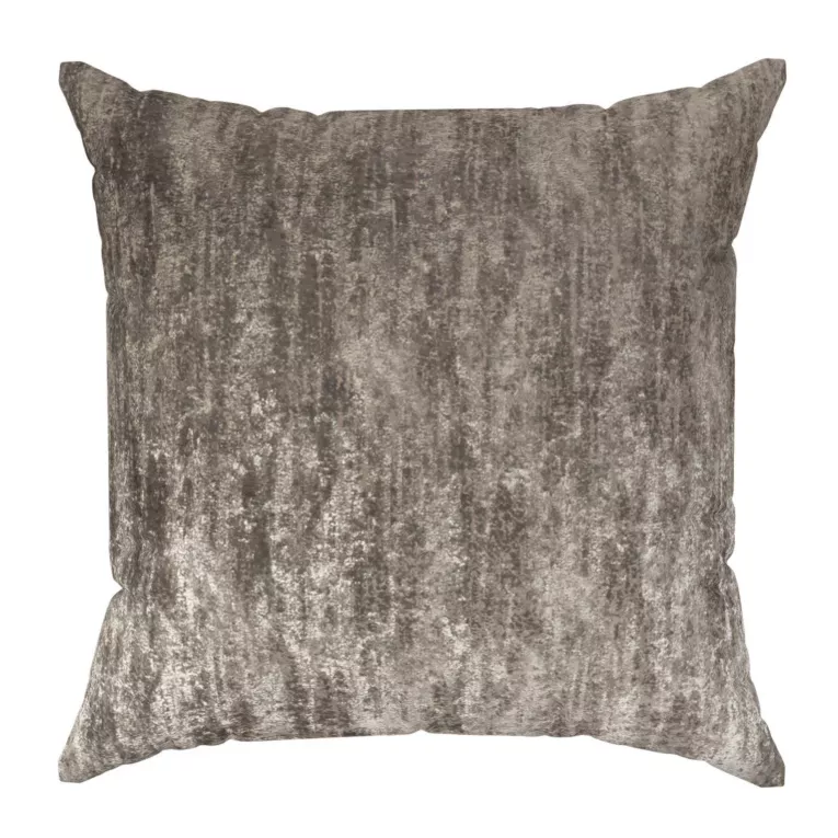 Poszewka szyta beżowo złocista z grubej, welwetowej tkaniny z efektem przecieranego wzoru, zdobiona delikatnie połyskującym nadrukiem