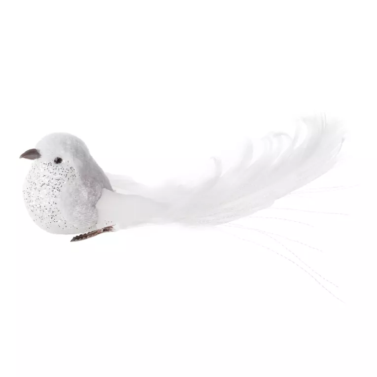 Ozdoba choinkowa PTAK z lśniącego miękkiego materiału z piórami, na klipsie