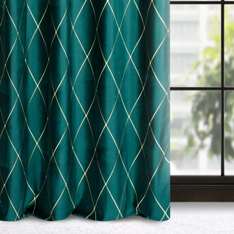 Zasłona welwetowa turkusowo, złota haftowana w duże karo 140x250 cm przelotka - MARGO - Pierre Cardin