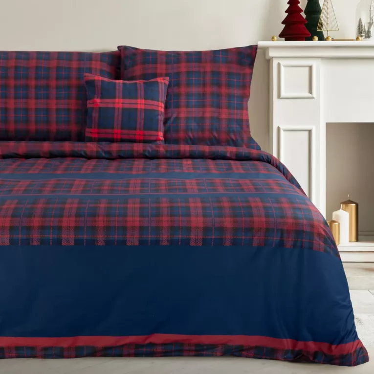 Pościel świąteczna 220x200 bawełniana kolor ciemnoniebieski, bordowy z motywem świątecznej kraty PETER 02