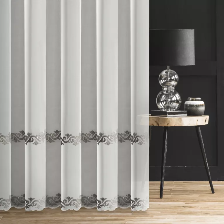 Firana szyta na taśmie fala MIRANDA biało szara transparentna z welwetową aplikacją