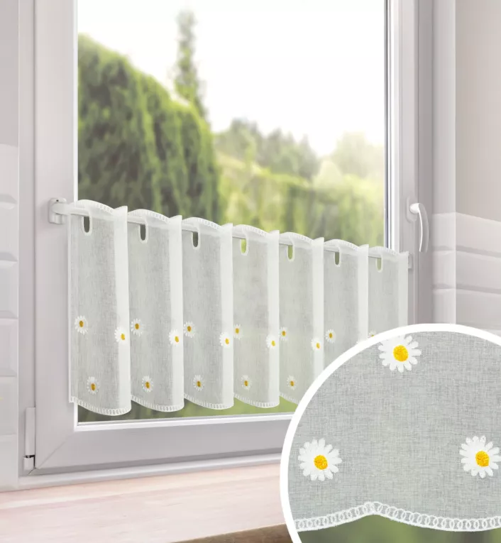 Zazdrostka biała z etaminy zdobiona haftem stokrotek 40x150 cm oczka - BELLIS