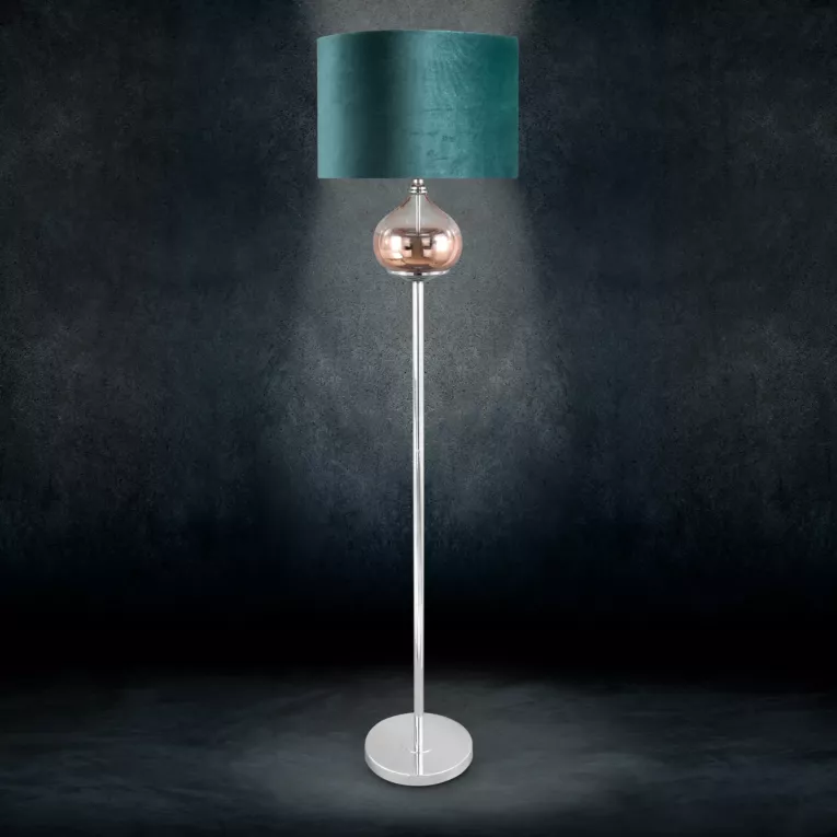 Lampa stojąca do salonu szałwiowo, miedziana SALVIA na metalowej podstawie z szklaną kula z welwetowym abażurem LIMITED COLLECTION