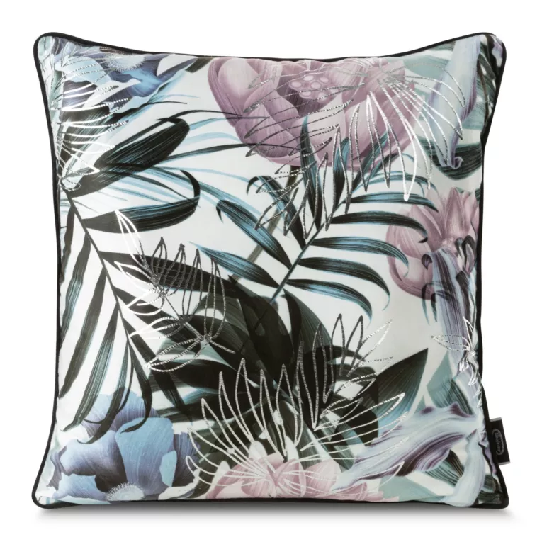 Poszewka na poduszkę 45x45 cm welwetowa biało, srebrna zdobiona wzorem w egzotyczne liście z wypustką na brzegach MALIBU