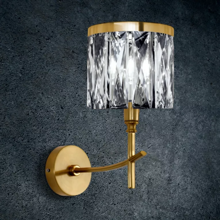 Kinkiet - lampa ścienna do salonu transparentno, złota KRYSTAL zdobiona kryształkami
