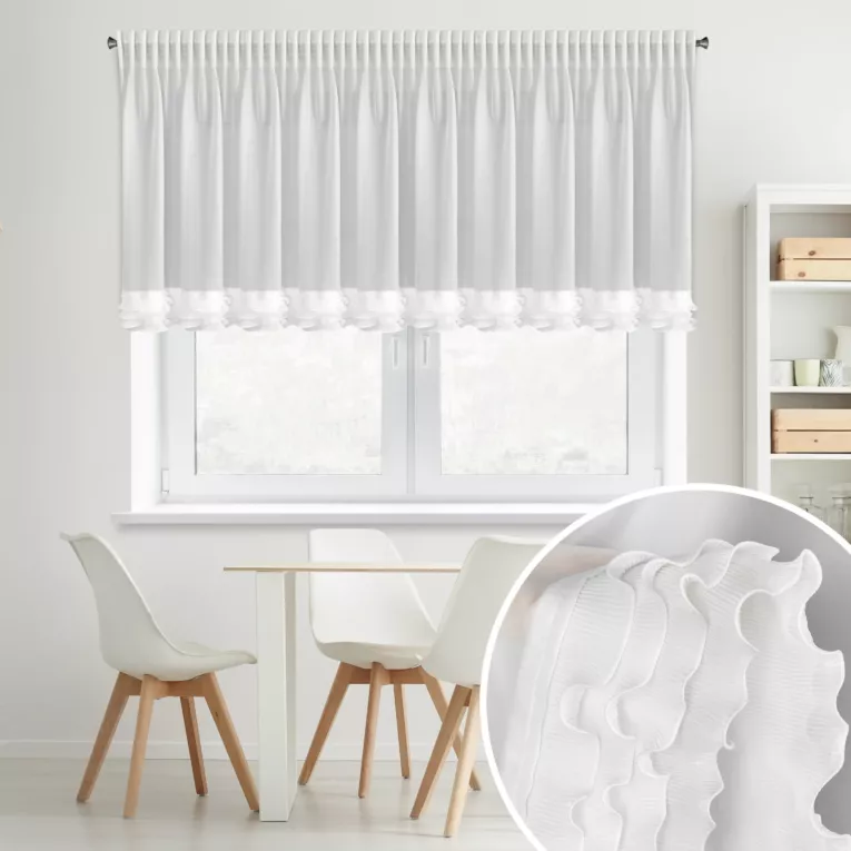 Firana biała z szyfonu zdobiona falbanką  200x70 cm taśma - LUISA