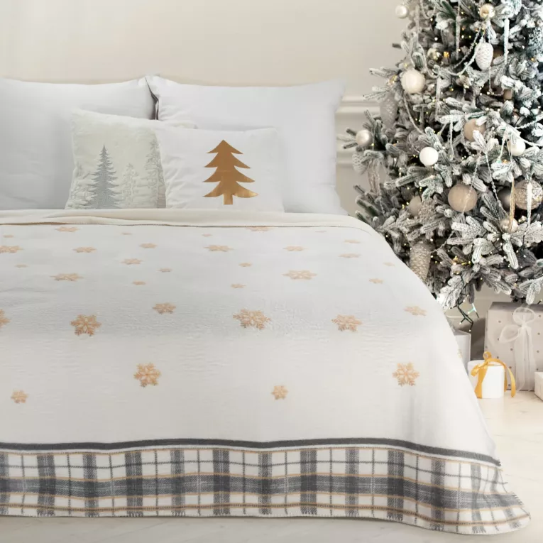 Koc bawełniano, akrylowy 200x220 cm biało, czarny świąteczny z motywem kraty i śnieżynek ANGEL