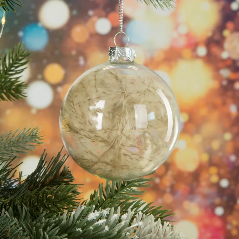 Przezroczysta bombka szklana w stylu eko puszystą trawą pampasową