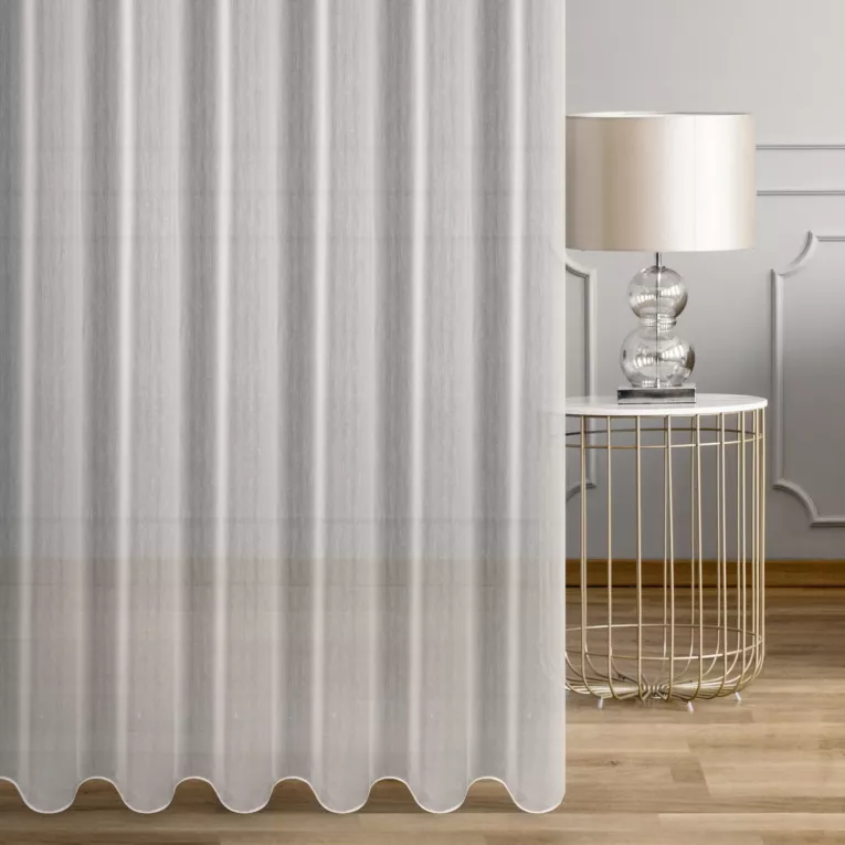 Firana szyta na taśmie 5 cm biała półprzezroczysta, matowa, z tkaniny typu batyst o niestandardowej wysokości 340cm, wykończona obciążnikiem