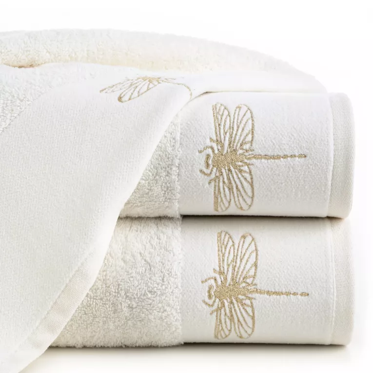 Ręcznik kąpielowy 50x90 cm bawełniany kolor kremowy z haftem ważki na bordiurze 485 g/m2 LORI 1