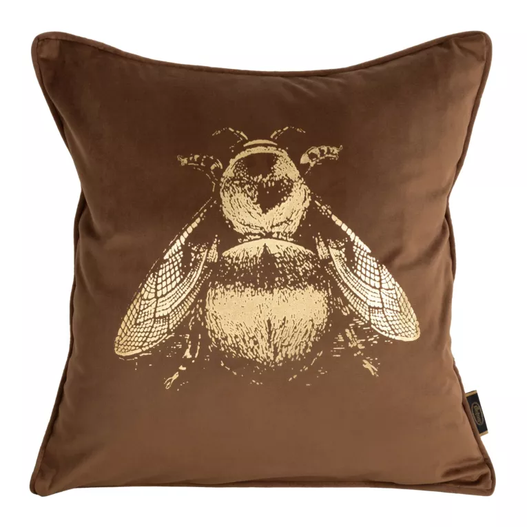 Poszewka na poduszkę 45x45 cm welwetowa jasnobrązowa, dwustronna z nadrukiem złocistej pszczoły BLINK 41