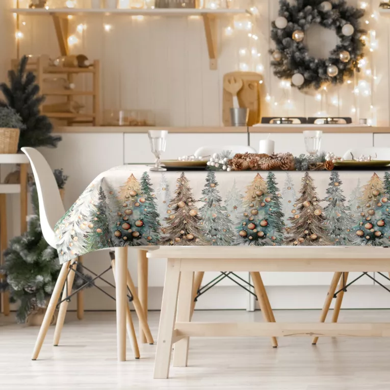 Świąteczny obrus naturalno, zielony 140x180 cm gobelinowy zdobiony tkanym motywem choinek