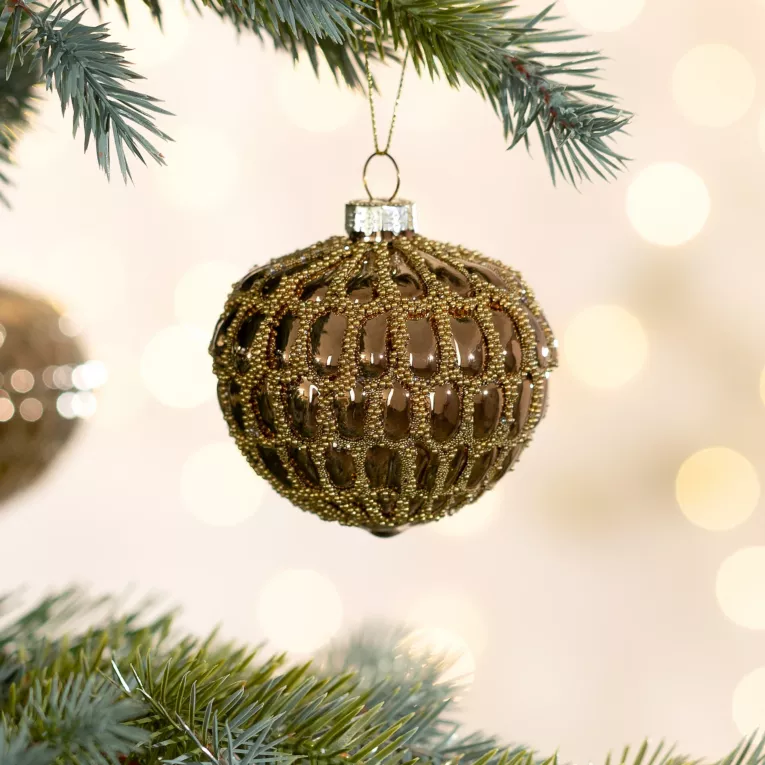 Szklana bombka w kształcie szyszki ręcznie zdobiona z dodatkiem drobnych koralików