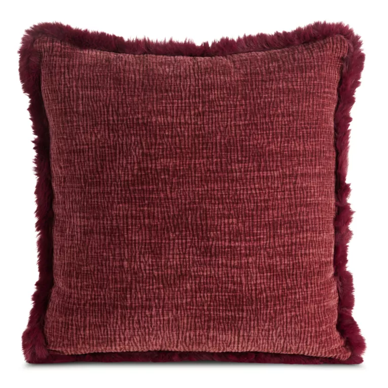 Poszewka na poduszkę 45x45 cm bordowa szenilowa zdobiona futerkiem na brzegach BLANCA 02