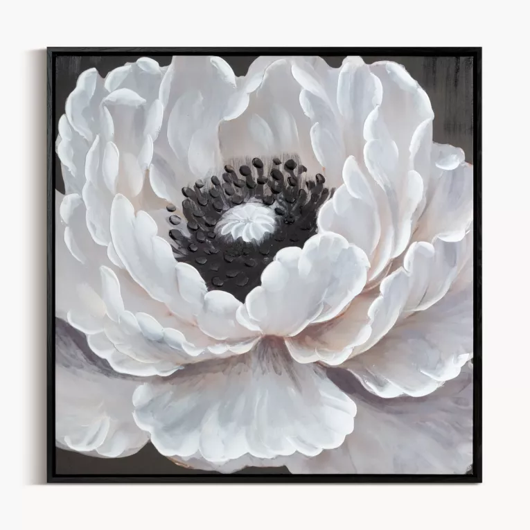 Obraz kremowo, czarny ręcznie malowany na płótnie kwiat 60x60 cm