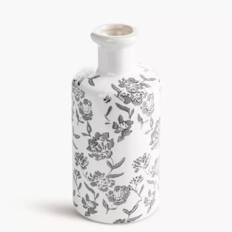 Wazon dekoracyjny biało, granatowa zdobiony roślinnym motywem 11x25 cm VIVIAN