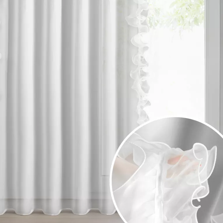 Firana biała z szyfonu zdobiona falbaną na brzegach 140x270 cm taśma - GABRIELA