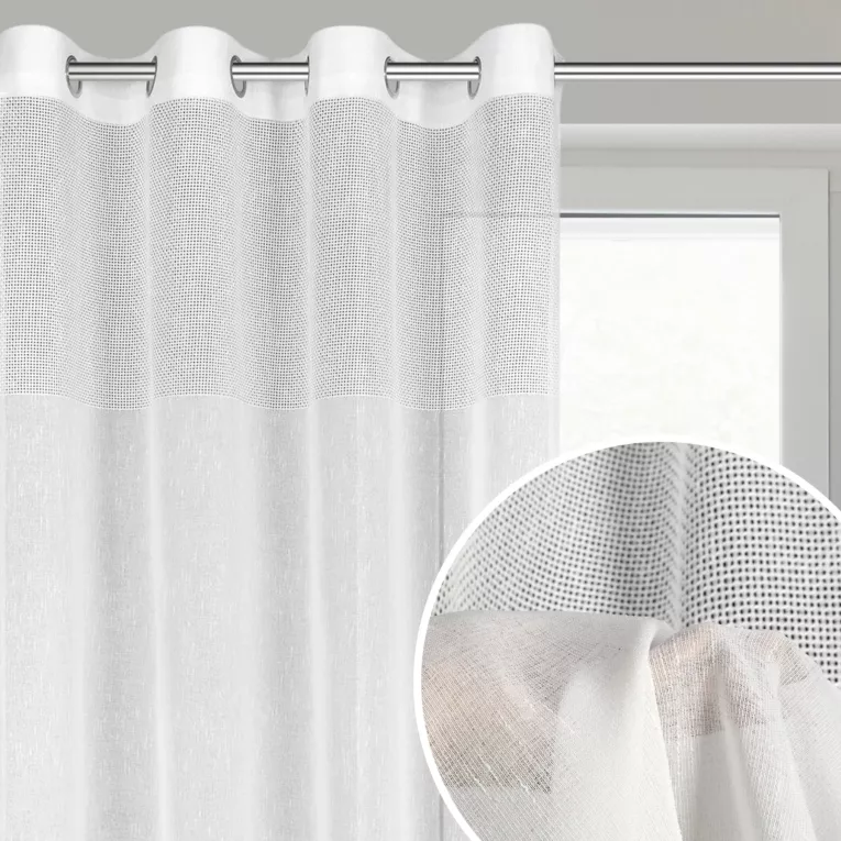 Firana biała w stylu eko z etaminy z ozdobnym ażurowym pasem 140x250 cm przelotka MARISA