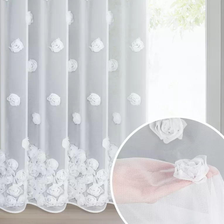 Firana biała z siateczki zdobiona trójwymiarowymi różami 140x250 cm przelotka - DIANA