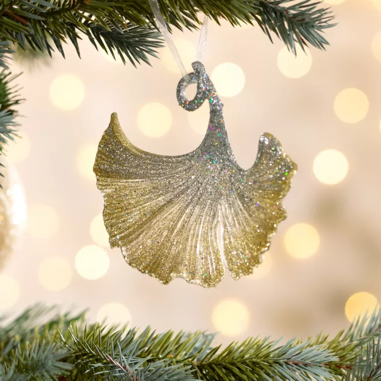 Ozdoba choinkowa LIŚĆ MIŁORZĘBU obsypana srebrno-złotym brokatem