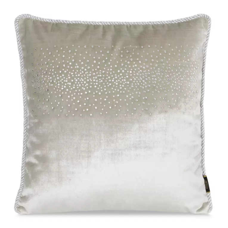 Poszewka na poduszkę 45x45 cm welwetowa kolor beżowy zdobiona drobnymi kryształkami i srebrnym sznurem na brzegach ROYAL 6