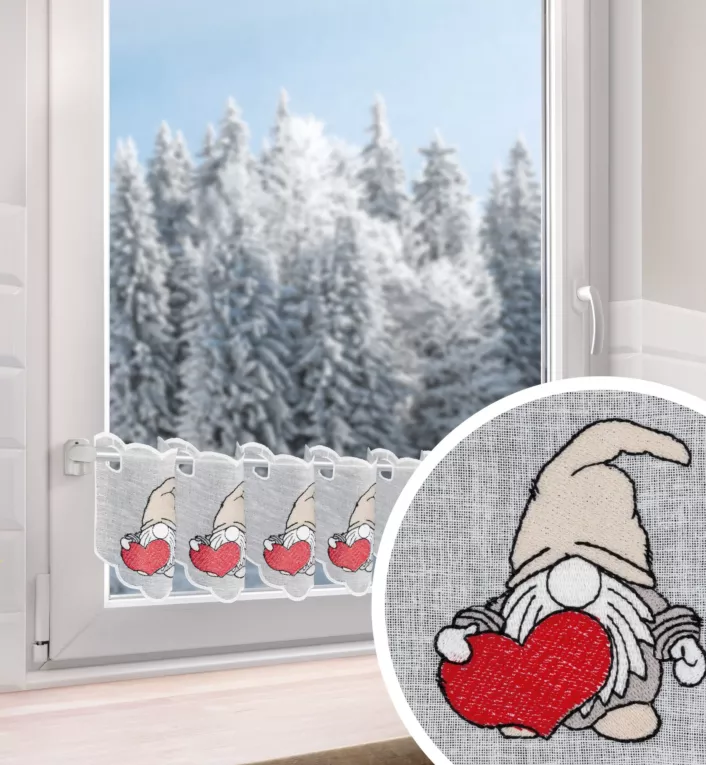 Tkanina firanowa zazdrostka z etaminy zdobiona świątecznym haftowanym skrzatem