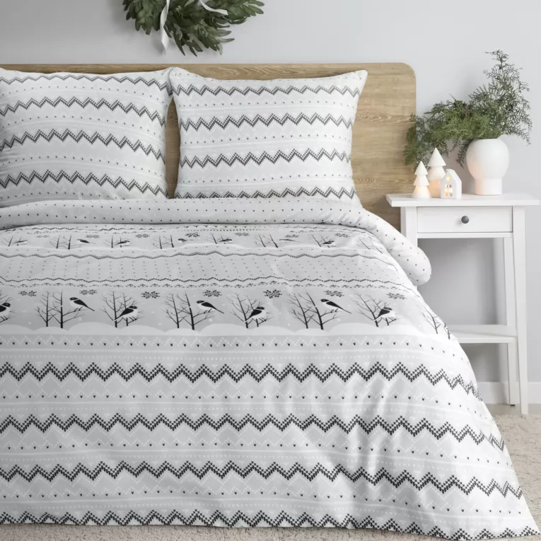 Pościel świąteczna 220x200 cm z satyny bawełnianej, kolor biały, stalowy zdobiona subtelnym nadrukiem TASHA