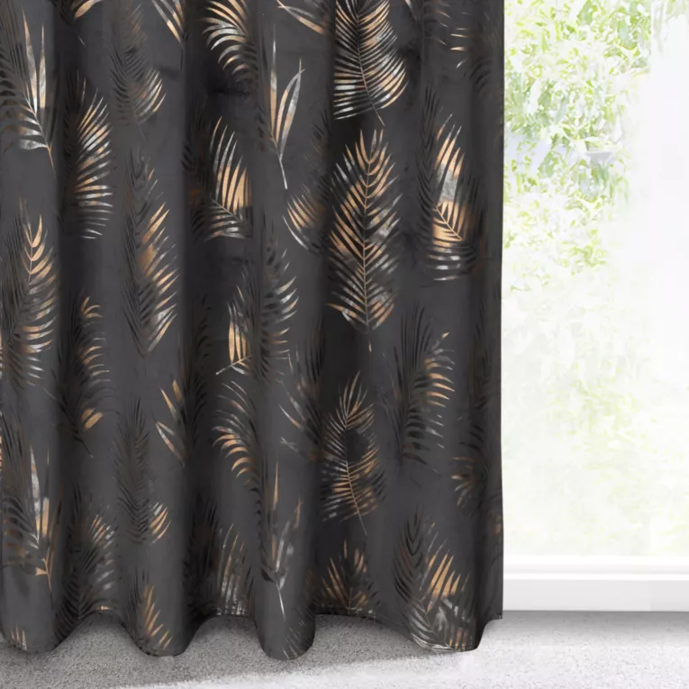 Zasłona welwetowa czarno, szampańska z błyszczącym nadrukiem palmowych liści 140x300 cm taśma - GLORIA