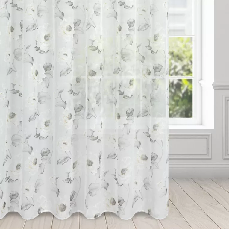 Firana biało, oliwkowa z matowej etaminy z kwiatowym motywem 350x250 cm przelotka BESSY