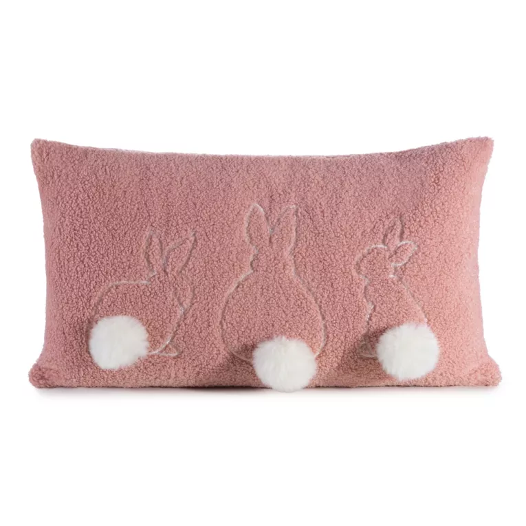 Poszewka na poduszkę 30x50 cm z tkaniny typu bukla pudrowo, biała z uroczym haftem z pomponami WIOSNA 53