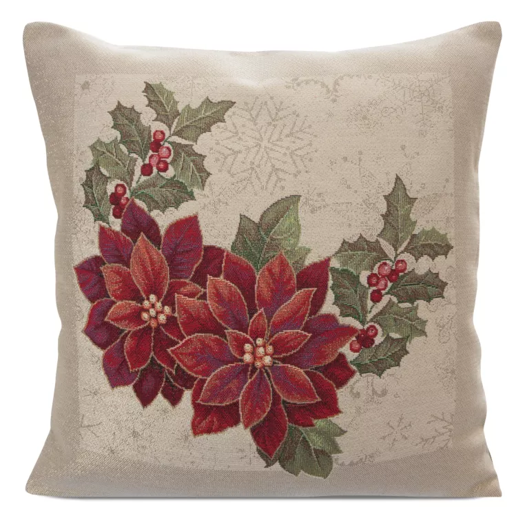Poszewka na poduszkę 45x45 cm gobelinowa naturalno, czerwona z motywem świątecznym GOB