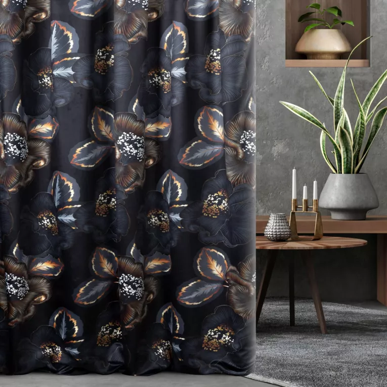 Zasłona szyta na taśmie 5 cm grafitowo złota miękka, welwetowa, z nadrukowanym dużym wzorem kwiatowym