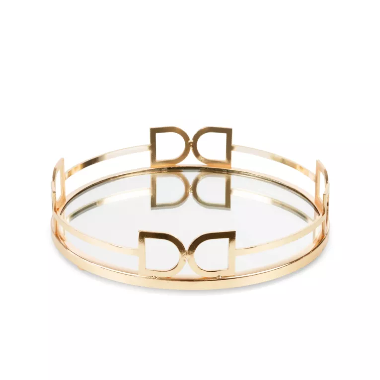 Okrągła taca dekoracyjna ANDORA z lustrzanym blatem i metalowym obrzeżem w stylu art deco, złota