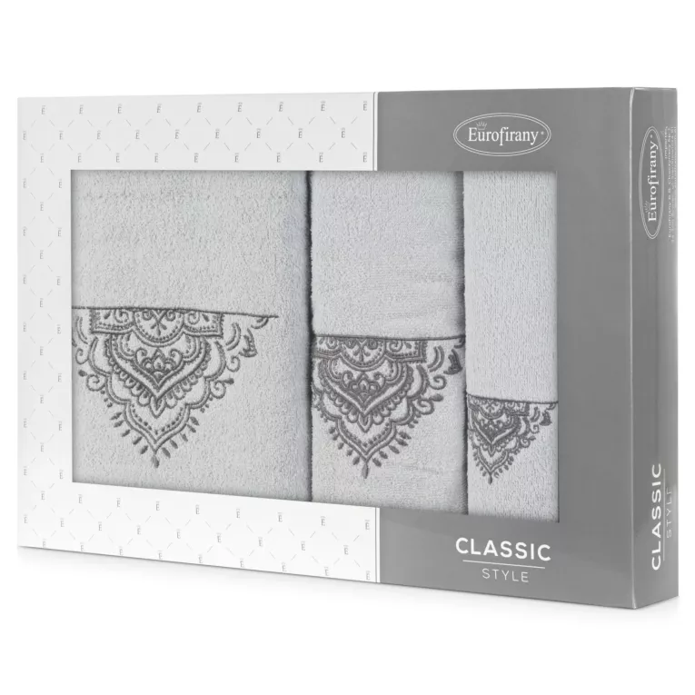 Zestaw ręczników bawełnianych na prezent 3 szt kolor srebrny, stalowy z haftem 400 g/m2 LAURA