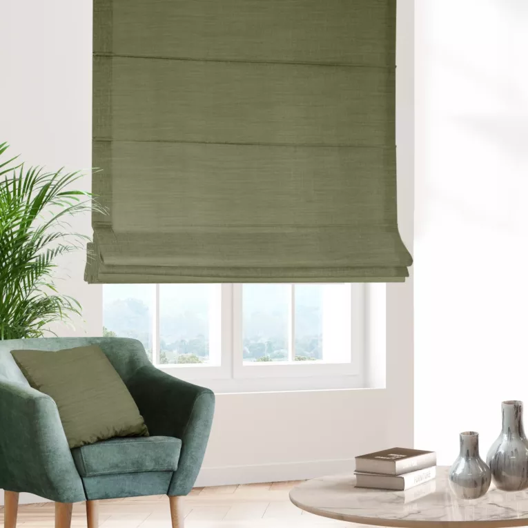 Roleta rzymska oliwkowa z miękkiej tkaniny o naturalnym splocie w stylu ekologicznym