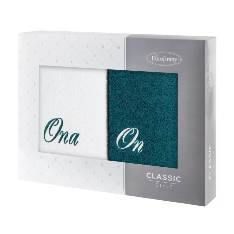 Zestaw ręczników bawełnianych na prezent 2 szt 70x140 cm z haftem ONA I ON kolor biały, turkusowy 400 g/m2