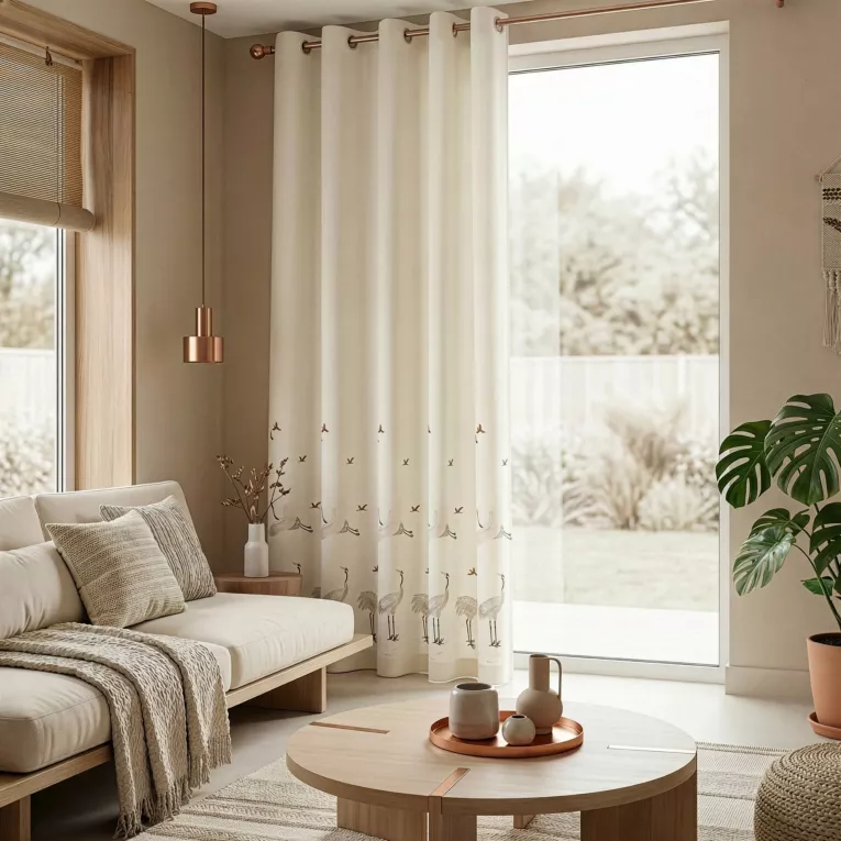 Zasłona kremowa 160x247 cm o naturalnym splocie zdobiona haftem żurawi