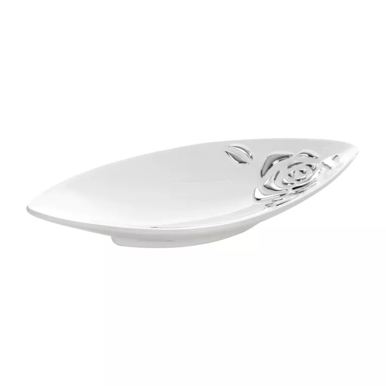 Patera dekoracyjna FLORESA w kształcie łódki  zdobiona wypukłą srebrną różą