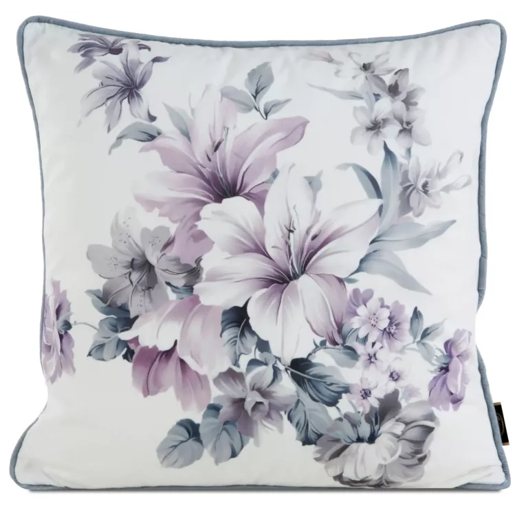 Poszewka na poduszkę 45x45 cm welwetowa, kremowo fioletowa, dwustronna z motywem kwiatów Eurofirany Premium