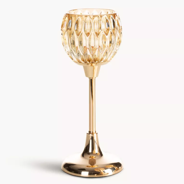 Świecznik dekoracyjny złoty ze szlanym tłoczonym kielichem  średnica 11x27 cm SALMA