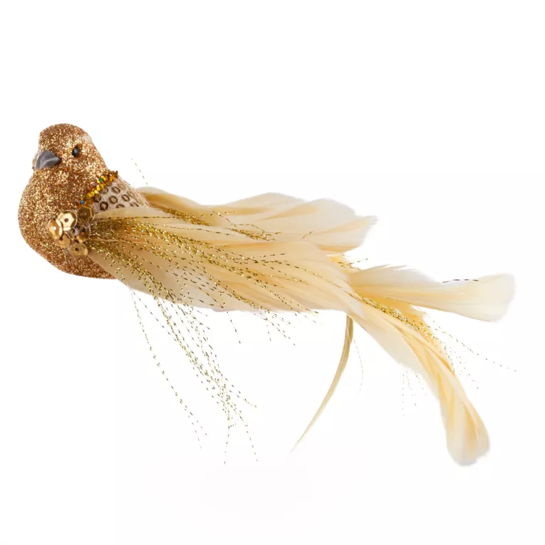 Ozdoba choinkowa PTAK z lśniącego miękkiego materiału z piórami, na klipsie