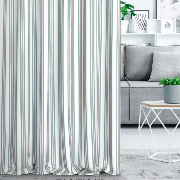 Zasłona szyta na tunelu jasnokremowo turkusowa z tkaniny o naturalnym splocie z nadrukowanym wzorem w pasy