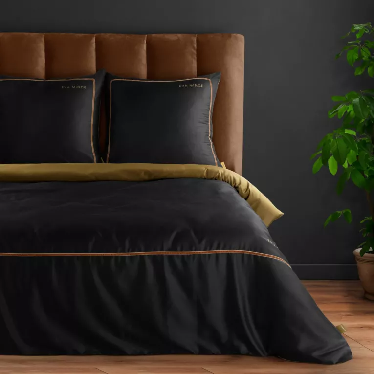 Pościel 220x200 cm z makosatyny bawełnianej kolor czarny, złoty z tasiemką welwetową EVA 9 Eva Minge
