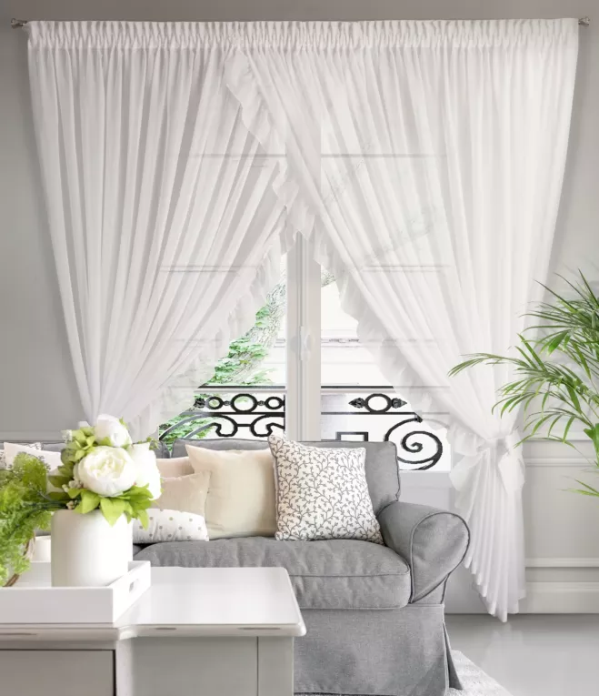 Firana ALISA na okno balkonowe z falbanami i podpięciami