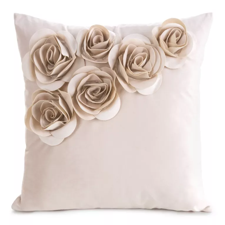 Poszewka na poduszkę 45 x 45 cm z welwetu kolor pudrowy zdobiona w róże 3D