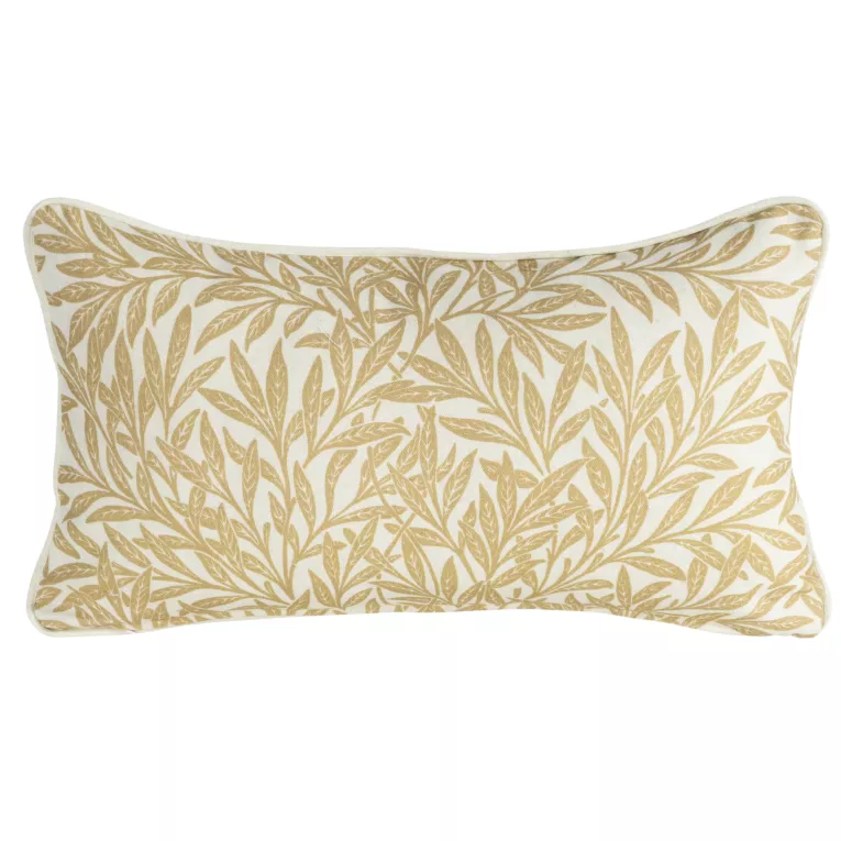 Poszewka na poduszkę 30x50 cm bawełniana z dodatkiem lnu żółto, kremowa zdobiona nadrukiem roślinnym  LEN